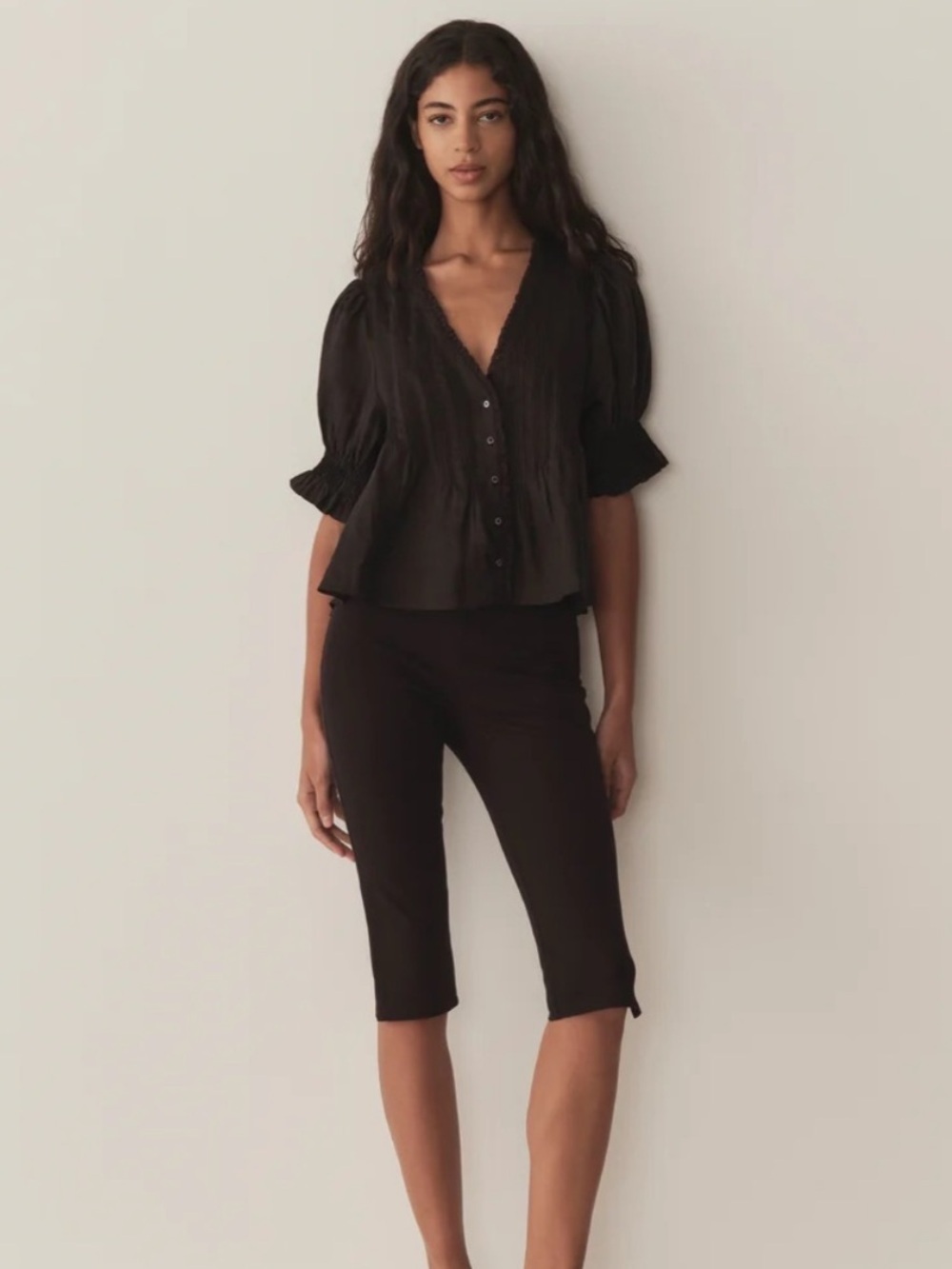 Doen Karlie Ramie Ruffle Pintuck Short Puff Sleeve Shoulder Blouse Top Black - Picture 3 of 11